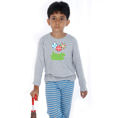 Grey Full Sleeve Boys Pyjama - Candy Stick